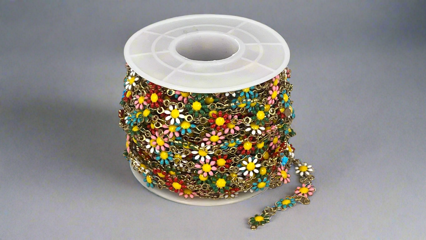 Chain with enamel daisy flowers silver/gold (10 m)