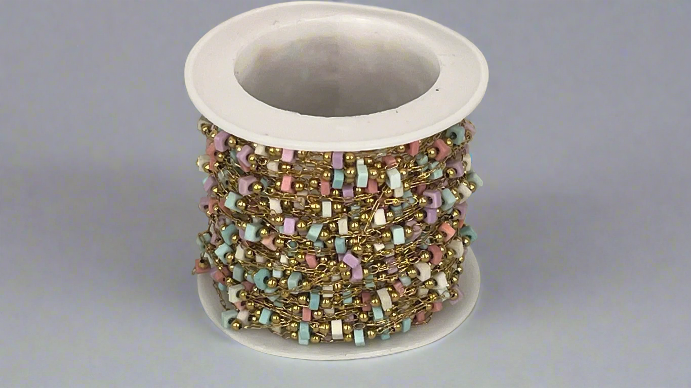 Chain with glass beads - Turquoise/Pastel (10 m)