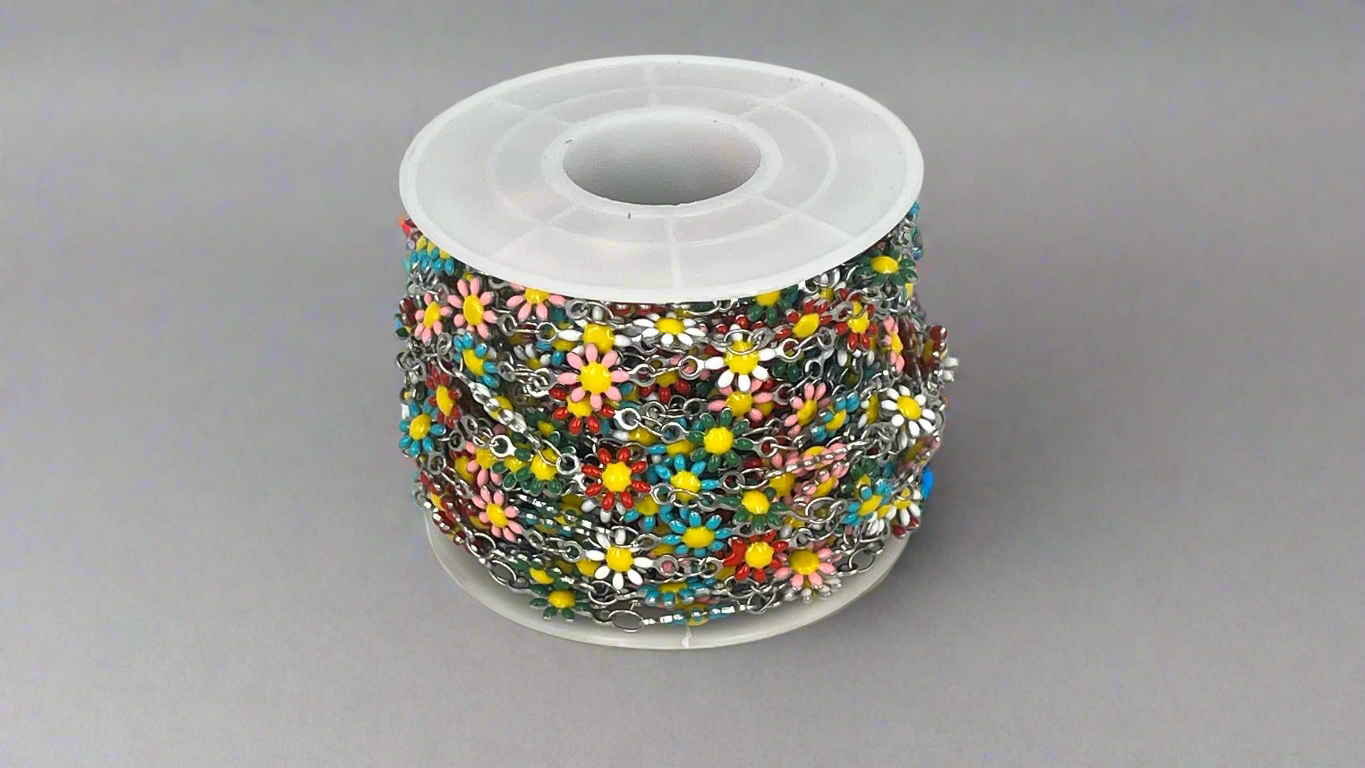 Chain with enamel daisy flowers silver/gold (10 m)