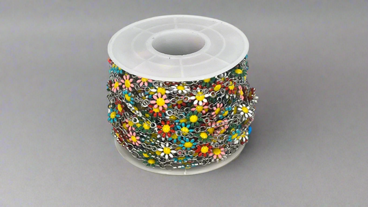 Chain with enamel daisy flowers silver/gold (10 m)